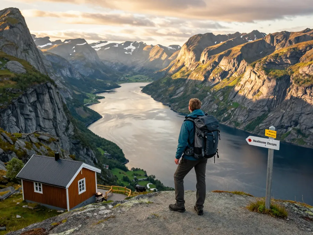 Malerscher Blick auf einen Reisenden an den norwegischen Fjorden, der wichtige Skandinavien Reisetipps verkörpert