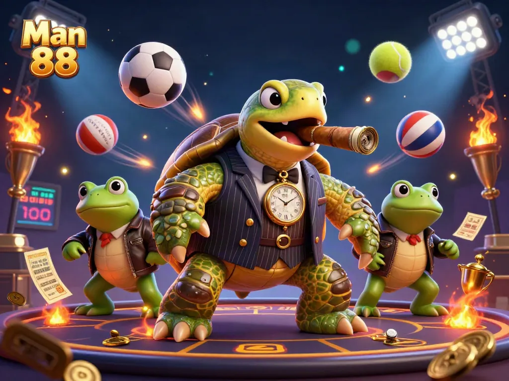 Engage with Man 88 as a massive turtle and bullfrogs come alive in a vibrant casino setting.