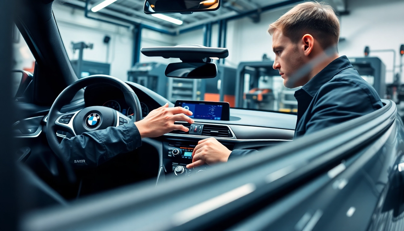 BMW Codierer programmiert präzise Systeme in einem modernen Auto, umgeben von technischer Ausrüstung.