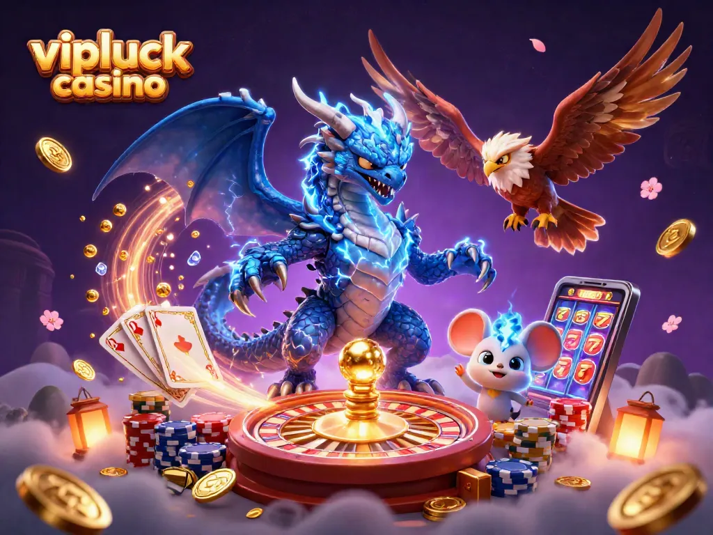Engage in thrilling gameplay at vipluck casino with a dragon, hawk, and static mouse mascot amidst captivating game elements.