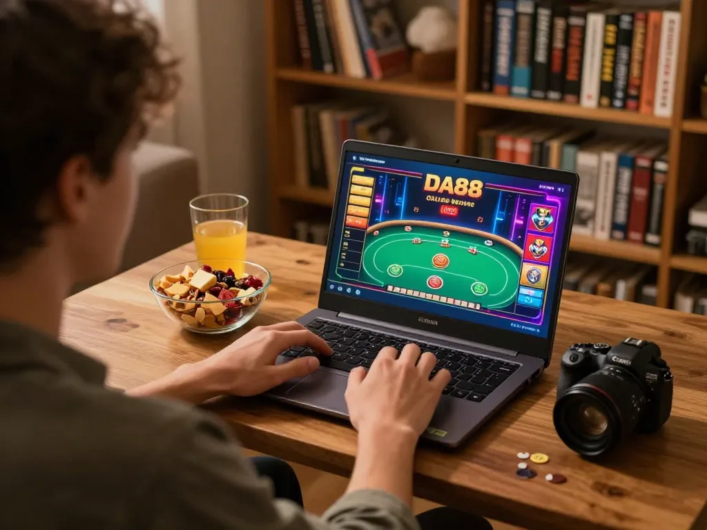 Player engaging with the DA88 casino interface on a laptop in a cozy home setting.
