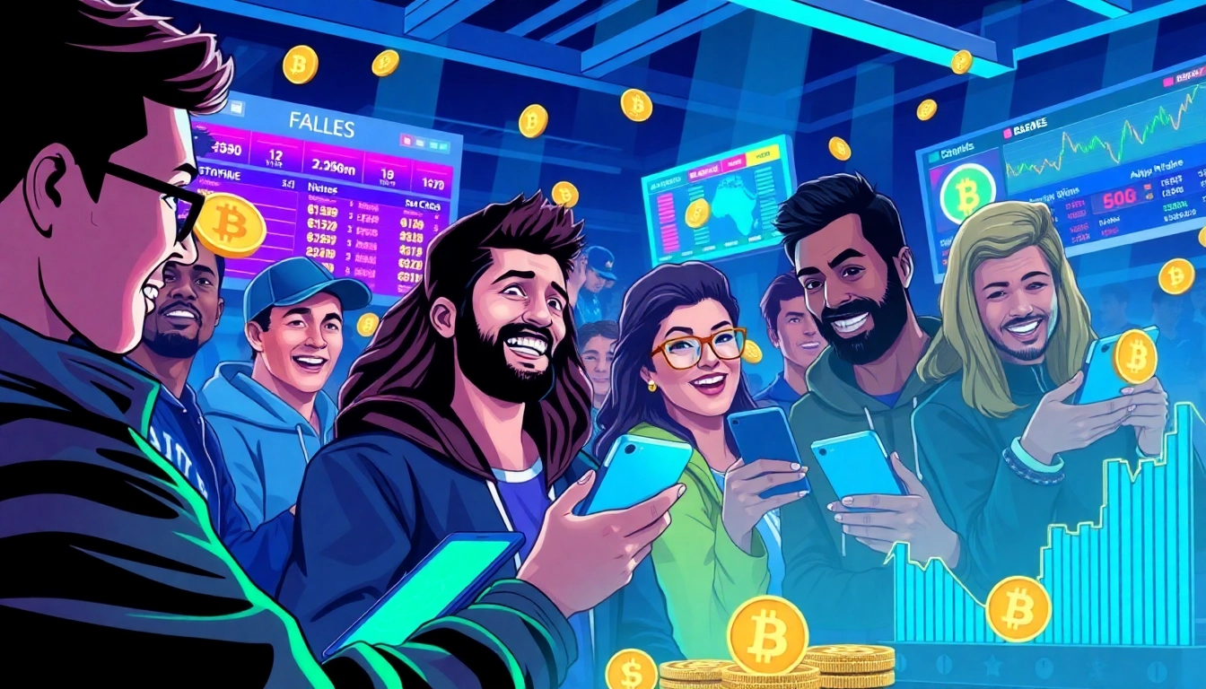 Engage in crypto sports betting with a dynamic digital scene showcasing diverse bettors and vibrant crypto graphics.