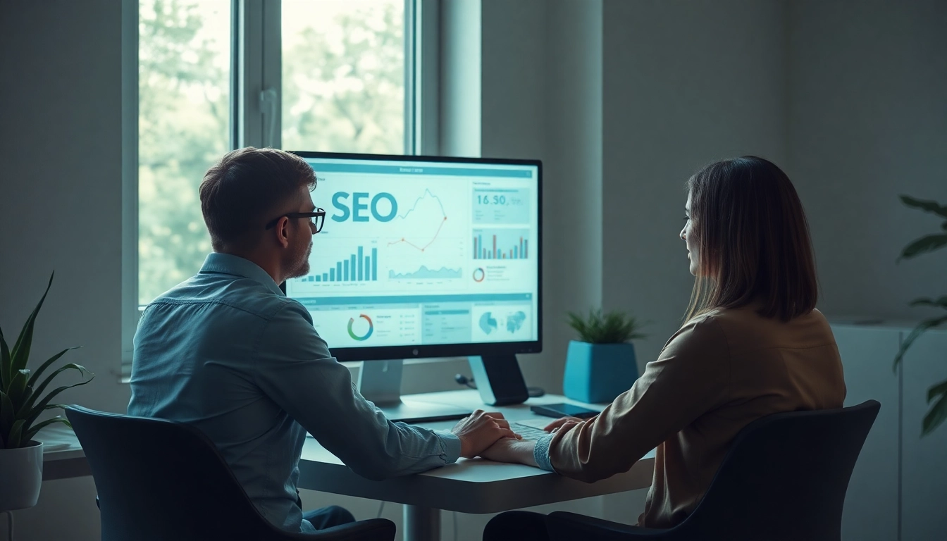 Menschen analysieren das SEO-Ranking ihrer Website mit modernem Computer und Diagrammen.