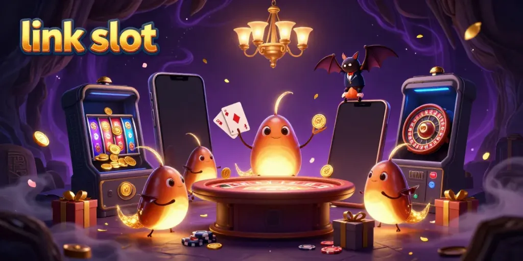 Experience thrilling link slot action in a vibrant casino scene illuminated by glowworms and a bat dealer.