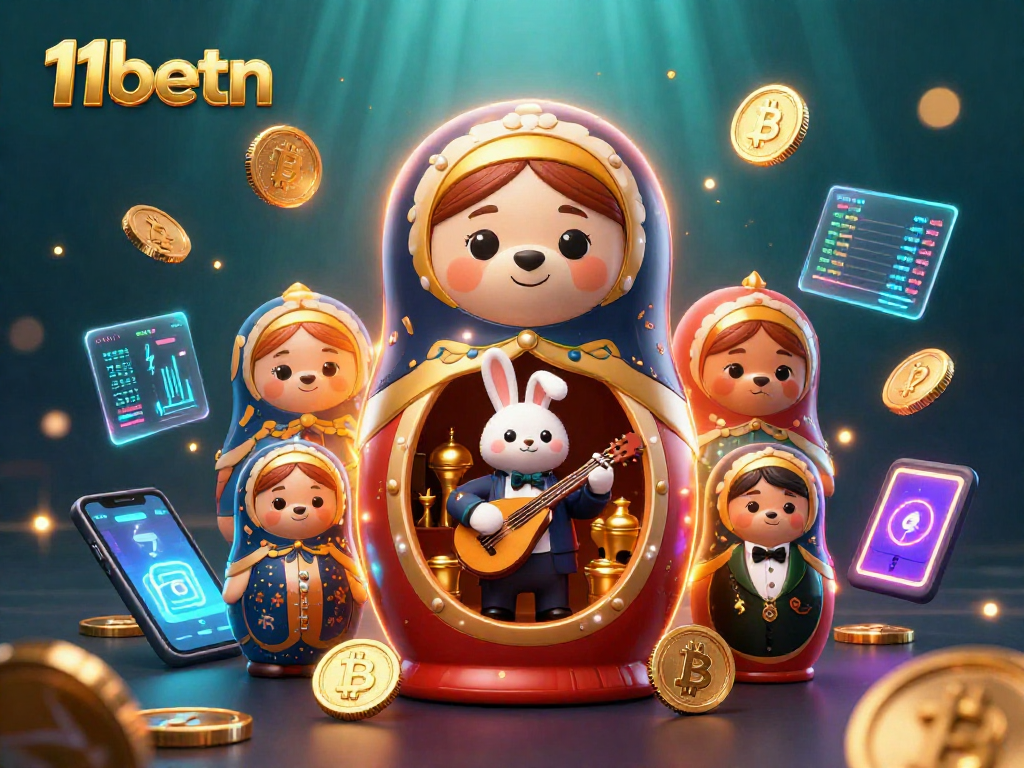 Engage with thrilling games at 11betn, surrounded by vibrant casino characters and crypto coins.