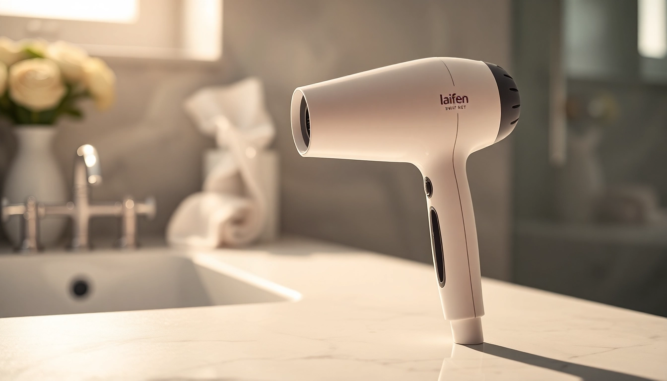 Der laifen swift Haartrockner auf einem modernen Badetisch, ideal für stilvolles Styling.