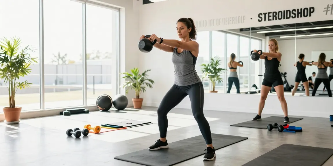 Sportliche Frau, die in einem Fitnessstudio trainiert, während sie nach Produkten von Steroidshop sucht.