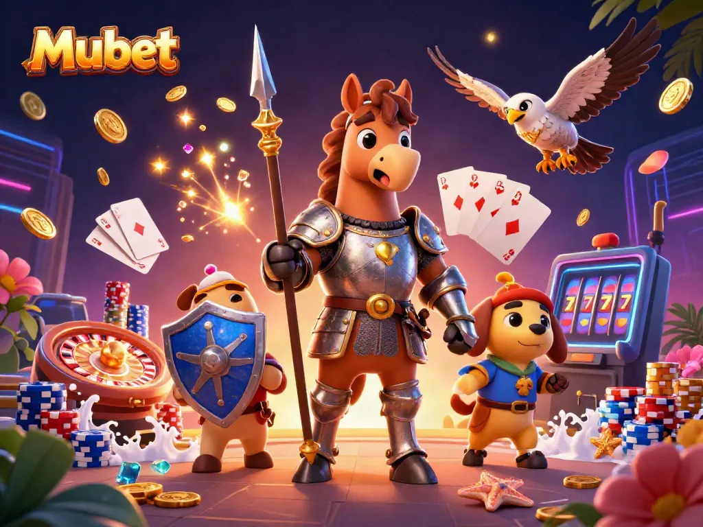 Mubet showcases a thrilling online casino scene with colorful games, captivating characters, and dynamic visuals.