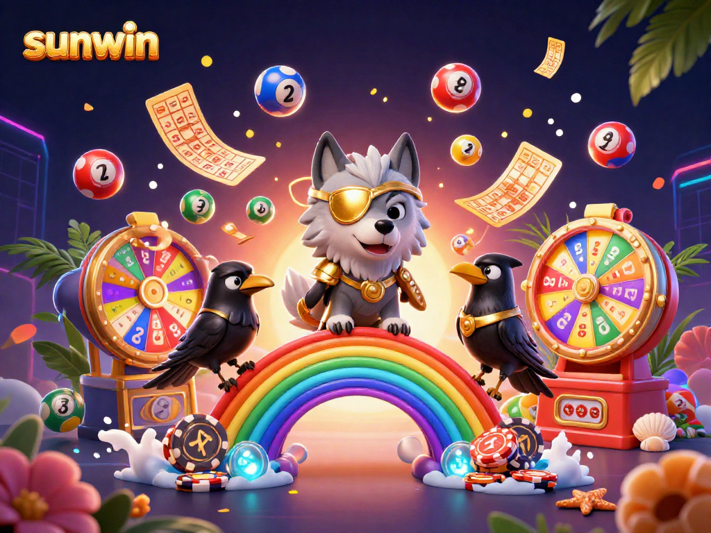 Sunwin's engaging gaming experience in a vibrant, lottery-themed digital illustration with lively casino elements.