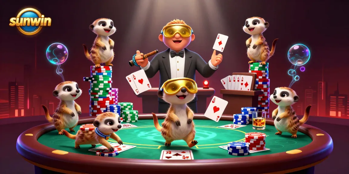 Sunwin meerkats running a vibrant casino, highlighting poker action and dynamic elements.