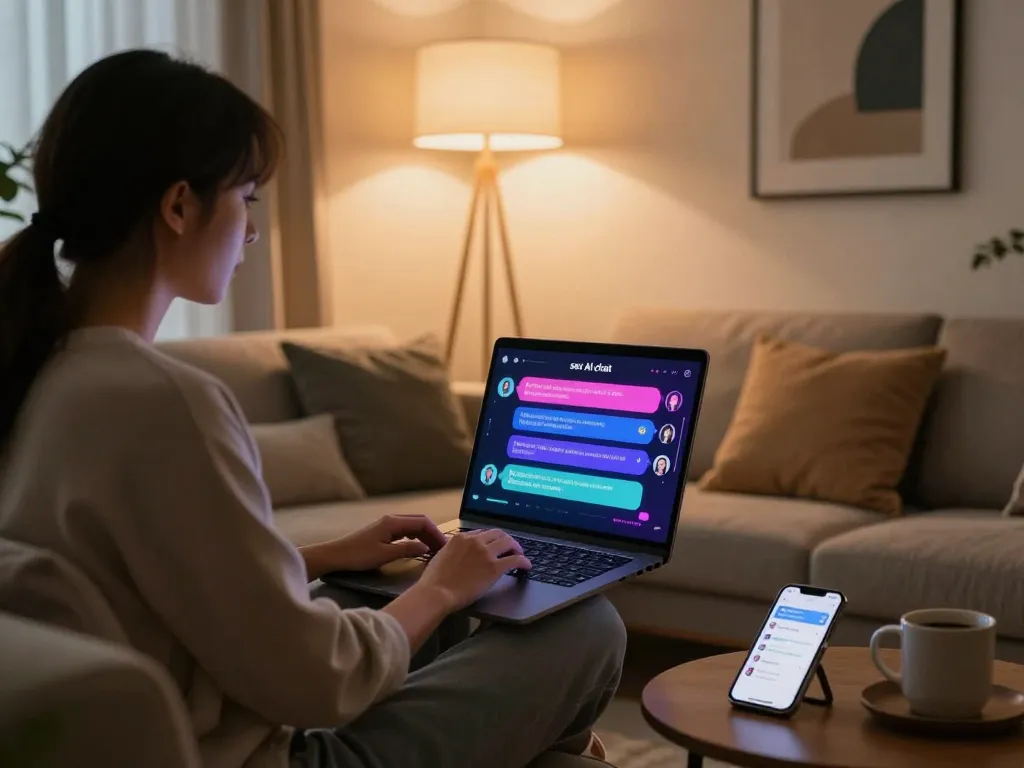 Interactive scene of a person chatting with AI on a laptop focusing on sex AI chat in a cozy setting.