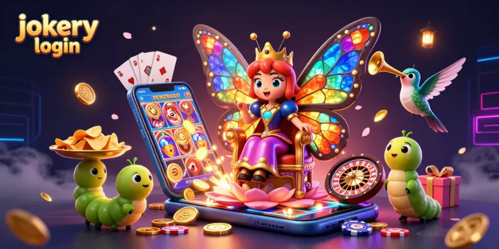 Engage in fun with jokery login, featuring a vibrant butterfly queen and casino games.