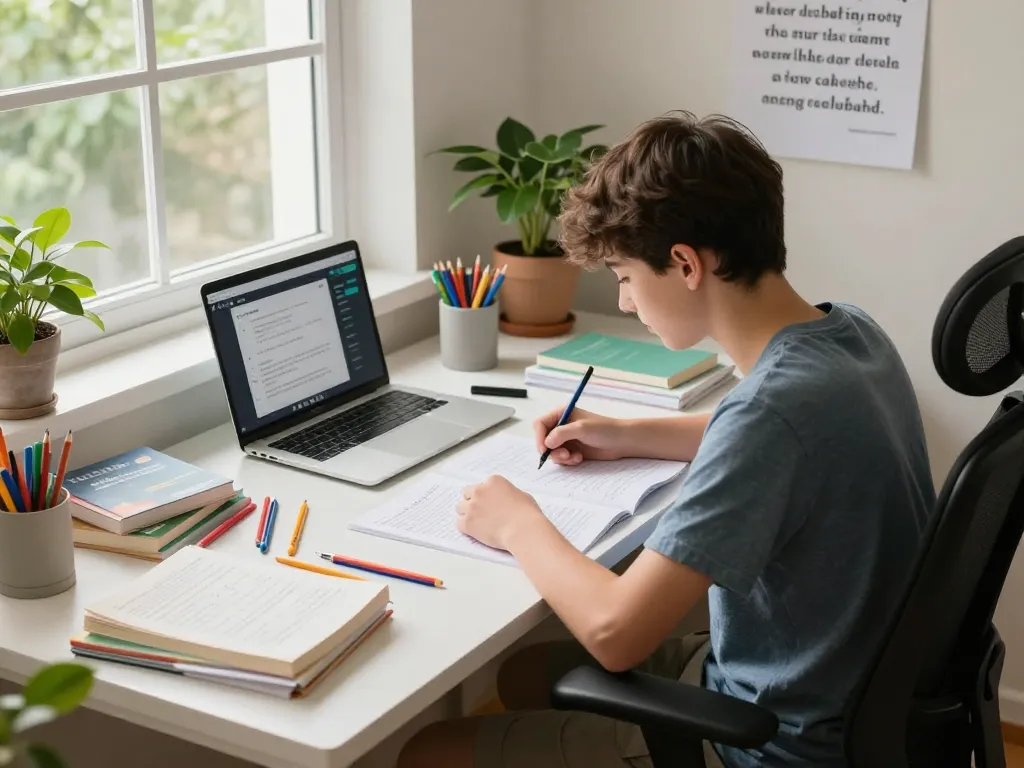 Student löst Hausaufgaben mit KI-Unterstützung in einer gemütlichen Umgebung, fokussiert auf Hausaufgaben lösen.