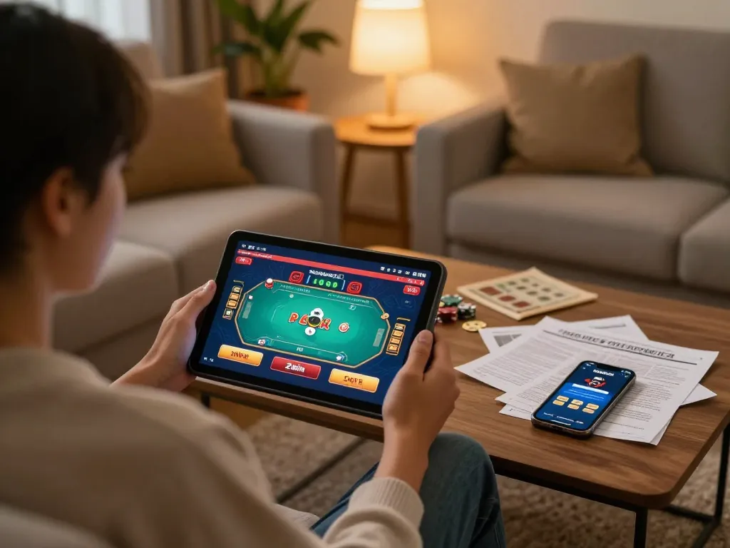 Engaging with 32win online casino games on a tablet from a cozy home setting.