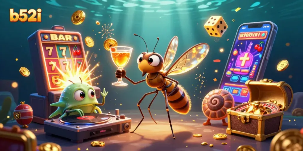 Engage with b52i's thrilling casino illustration featuring vibrant games and characters.