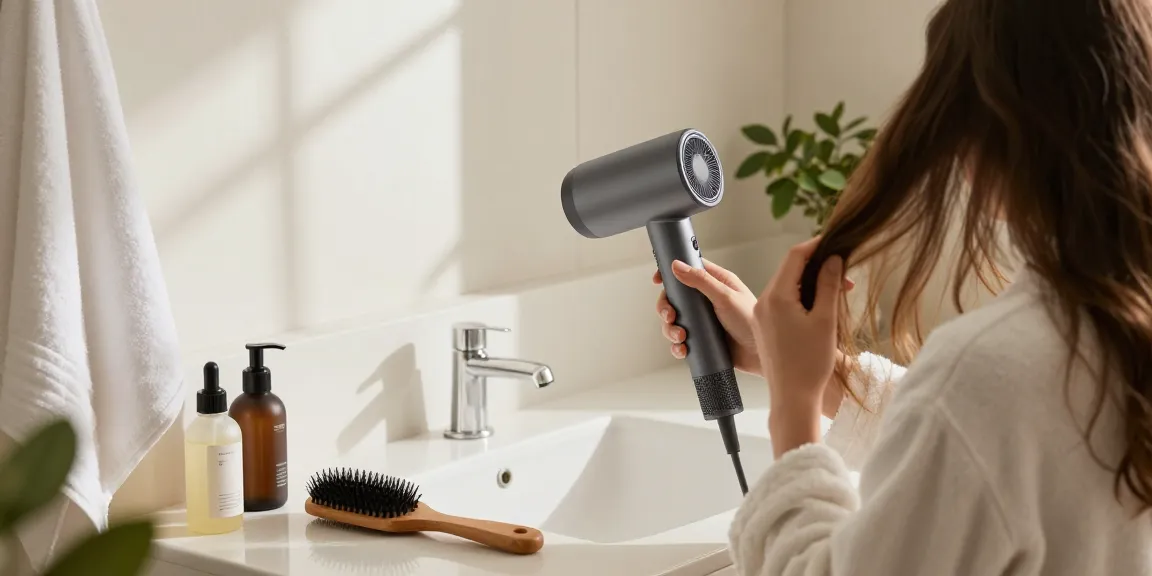 Compact hair dryer in a modern bathroom setting, highlighting personal care and styling.