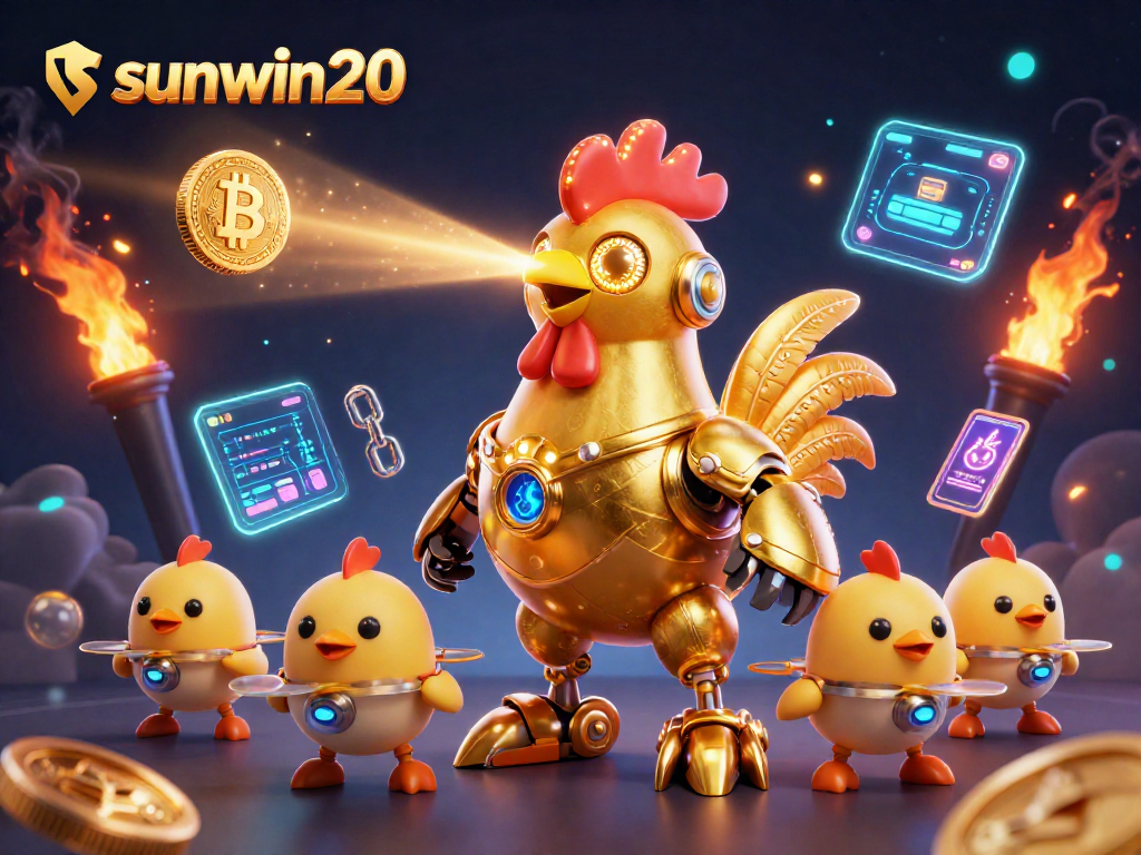 Engage with sunwin20's vibrant casino atmosphere, featuring a gold rooster robot amidst glowing cryptocurrency elements.