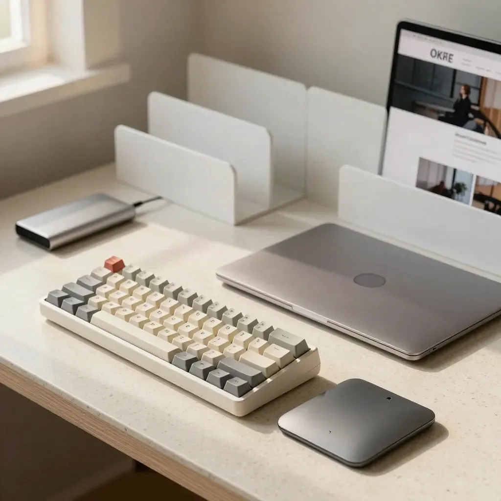 WordPress-Kit mit Tastatur, Trackpad, Backup-Drive und geschlossenem Laptop auf hellem Travertin.