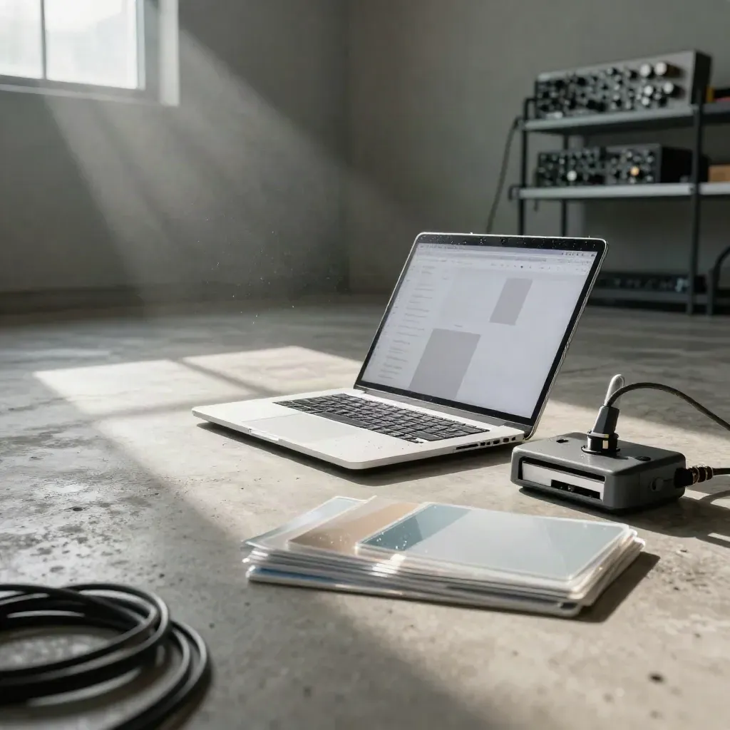 Dunkles Webdesign-Studio mit Laptop, Router und Layout-Panels im Morgenlicht.