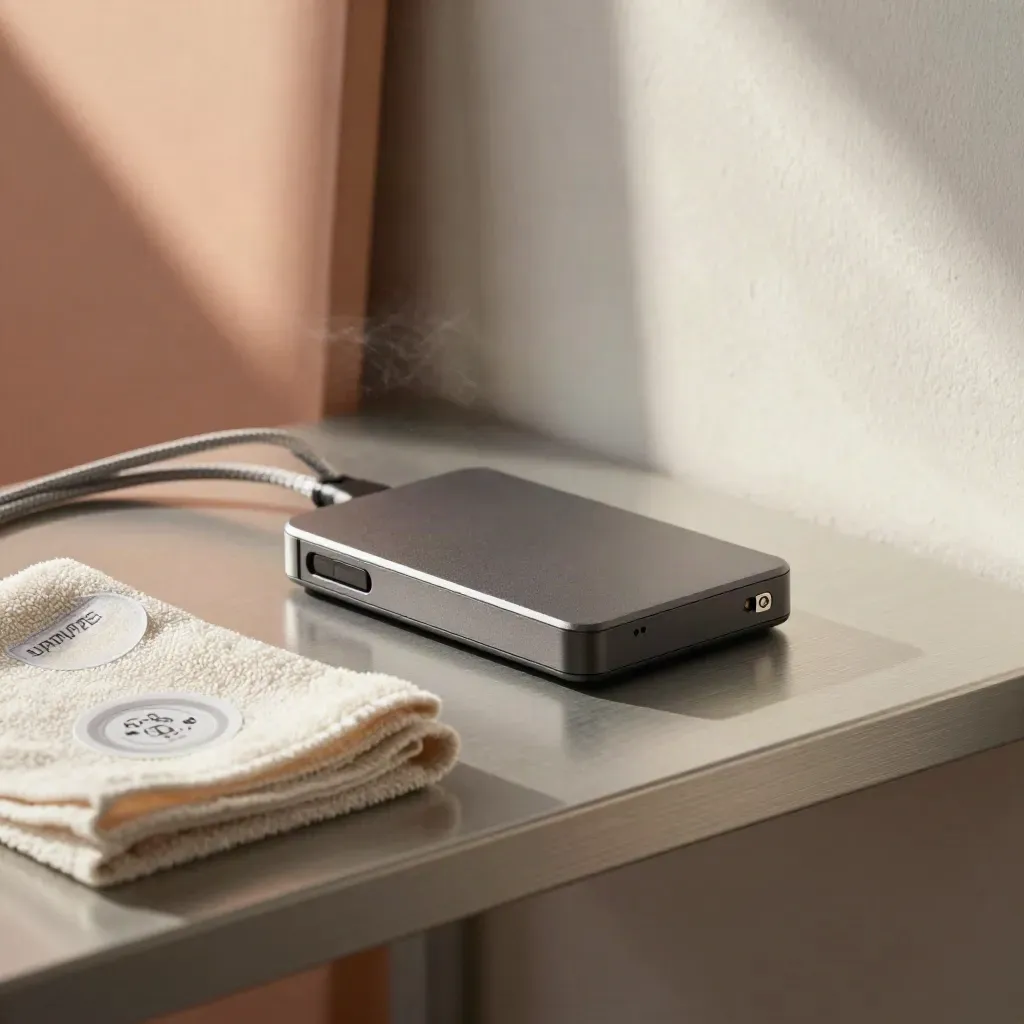 Backup-Festplatte, Kabel und Pflegezubehör auf einem warmen Regal im Abendlicht.