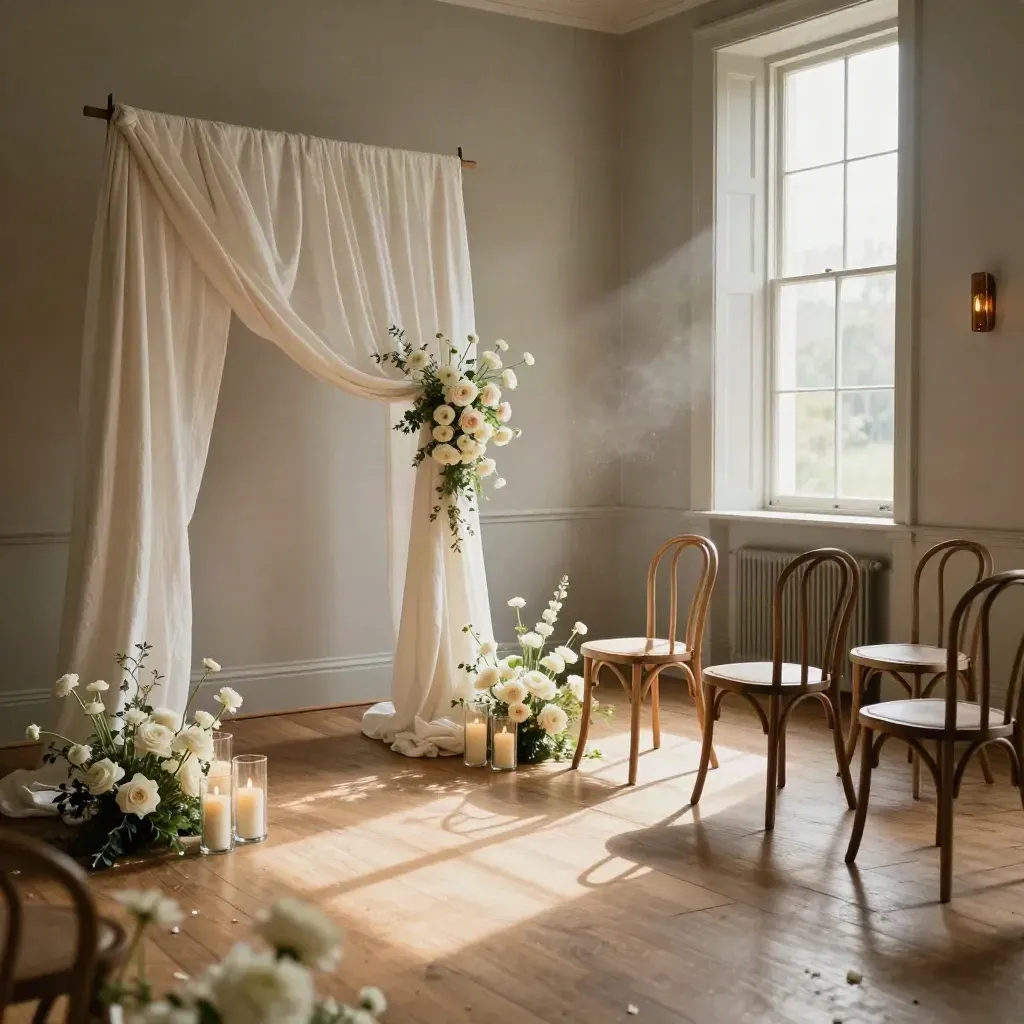 Elegante Hochzeitszeremonie mit Leinendrapierung, Kerzen, Blumen und leeren Stühlen im warmen Licht.