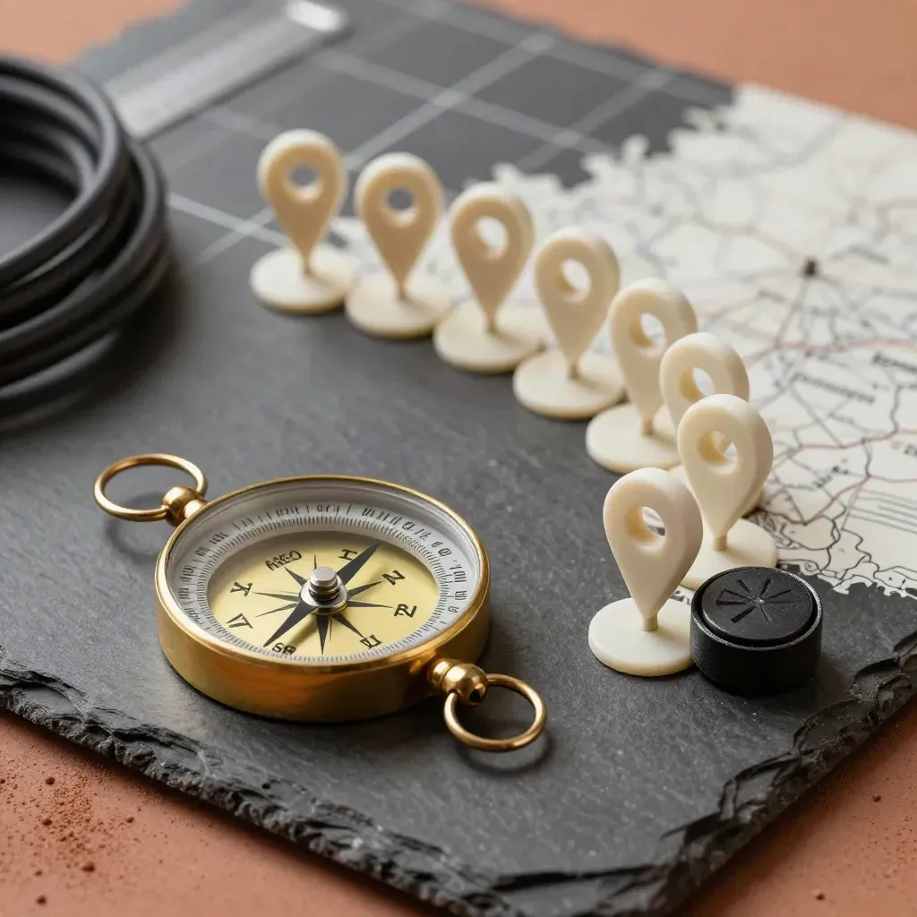 SEO-Werkzeuge auf dunklem Stein, Kompass vorn, Pins und Kabel im weichen Dunst.