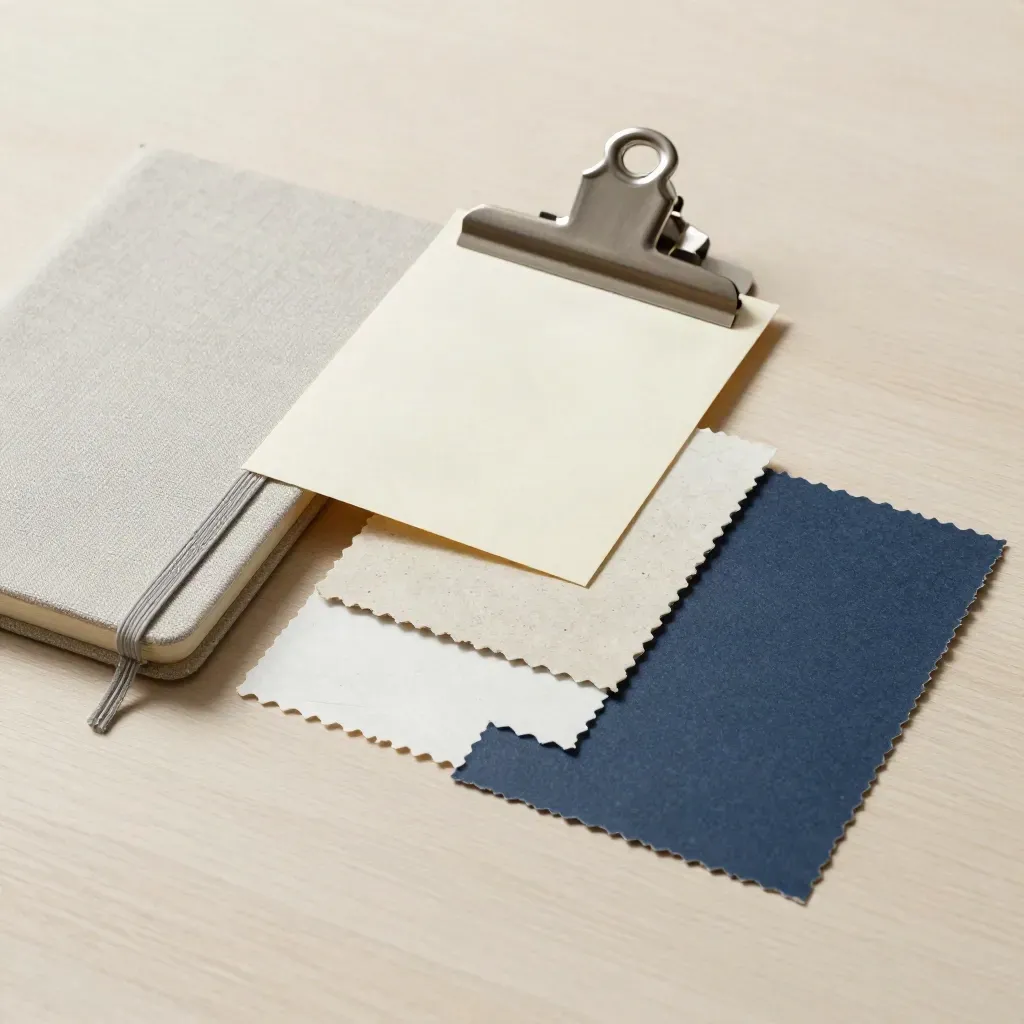 Briefingkarten, Notizbuch, Clip und Farbmuster auf heller Eiche von oben