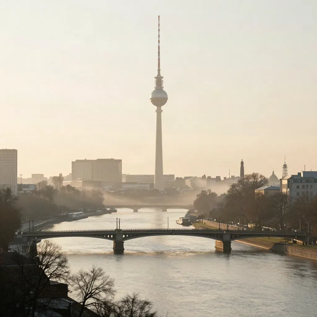 Fernsehturm und Brücken über der Spree im Morgendunst