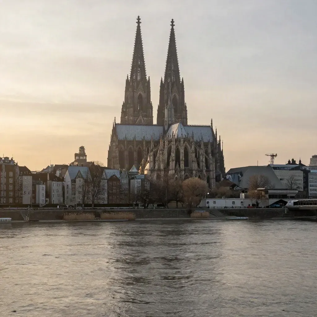 Kölner Dom über dem Rhein im warmen Dunst bei Abendlicht