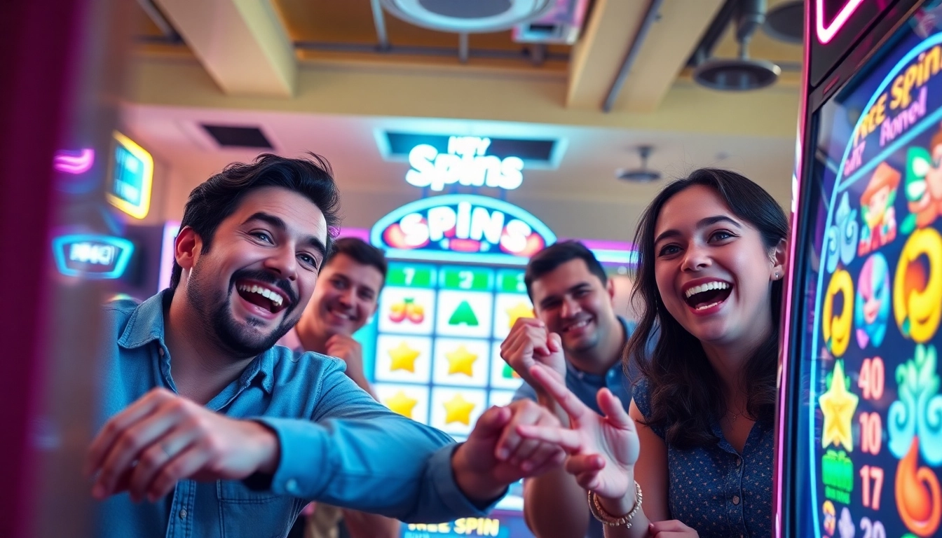 Players enjoying Free Spins on a colorful slot machine, showcasing excitement and celebration.