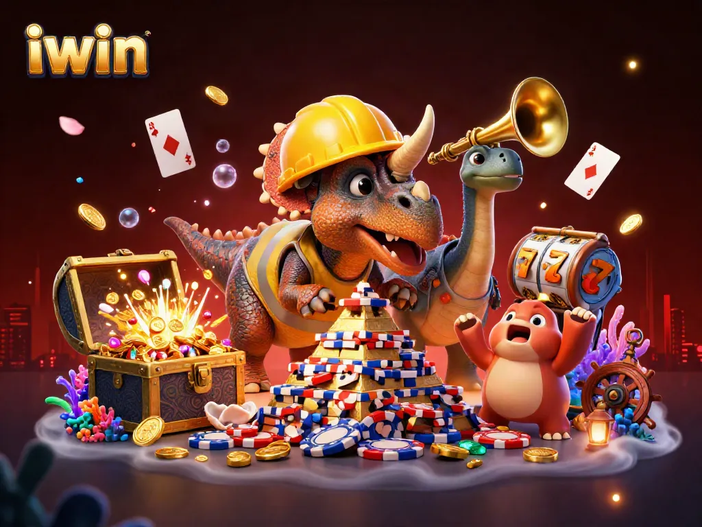 Engage in gaming excitement with iwin as a 3D triceratops builds poker chip pyramids.