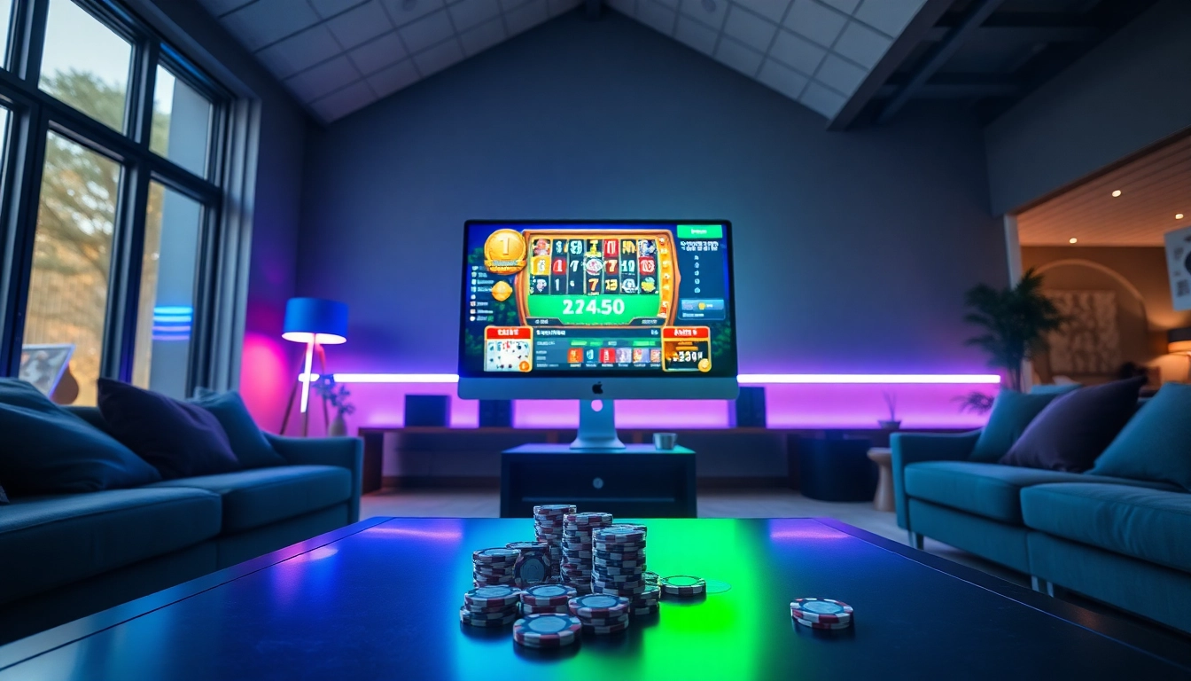 Online casino session in a stylish home setup with vibrant lighting and gaming elements.