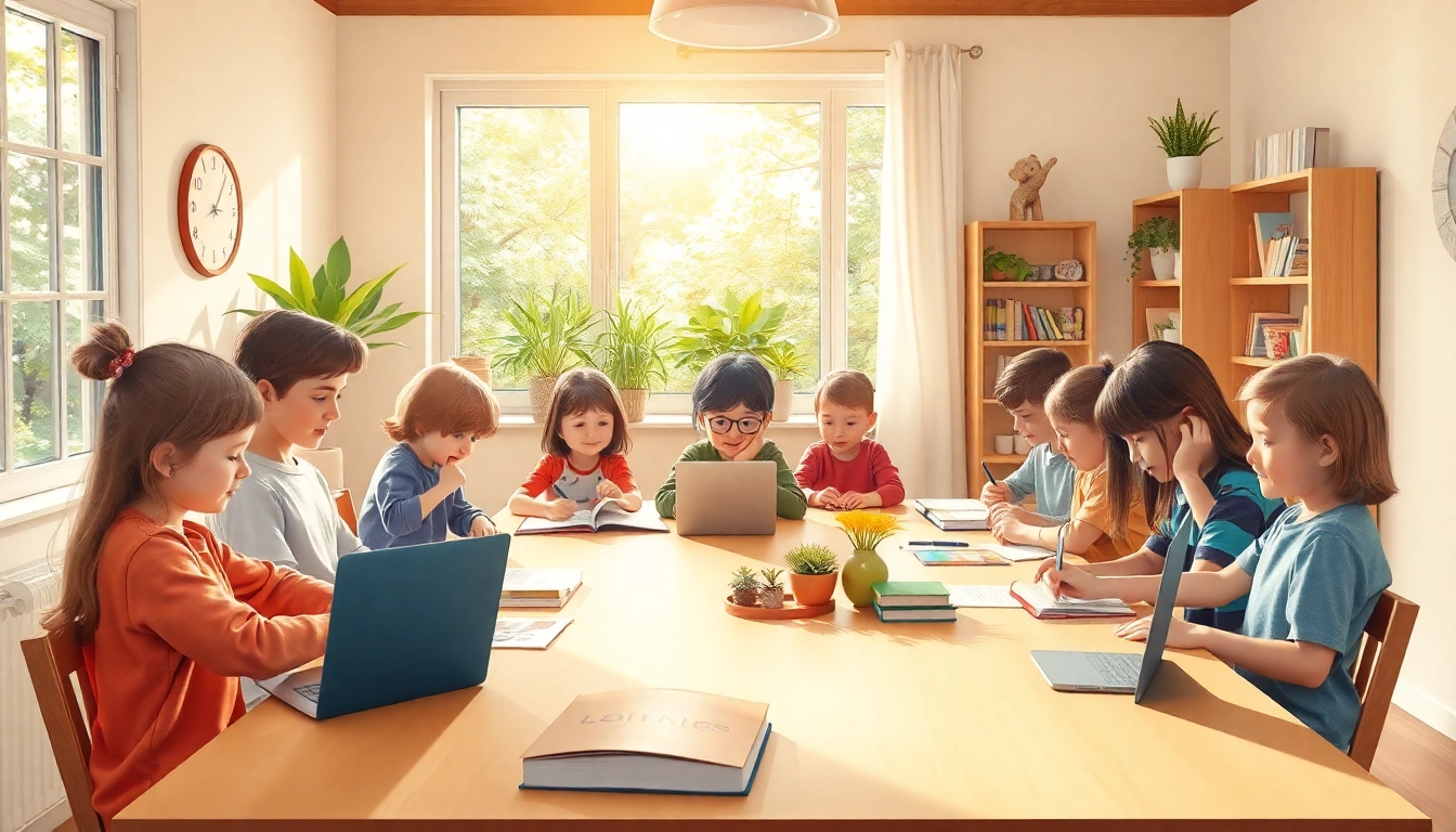 Illustrieren Sie den Heimunterricht in einem einladenden Raum mit Kindern, die an einem Tisch lernen.