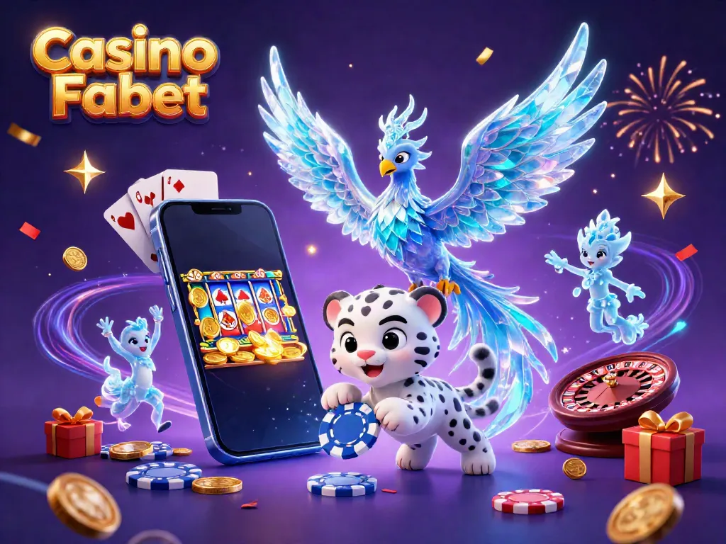 Experience excitement at Casino Fabet with a vibrant 3D scene of gaming characters and casino elements.