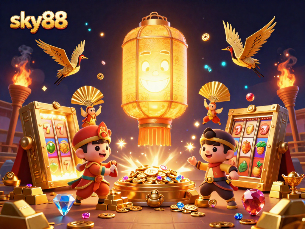 Experience the magic of sky88 with vibrant casino elements and illuminated characters in a captivating scene.