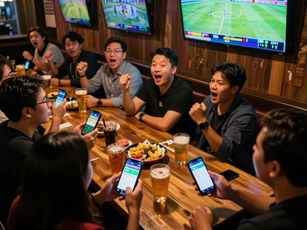 Enjoying kèo nhà cái sports betting with friends at a lively sports bar