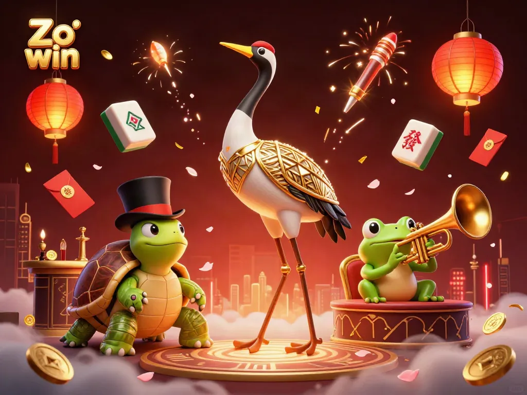 Engage with Zo win gaming as a turtle wearing a top hat cheers with a frog and crane amidst colorful casino elements.