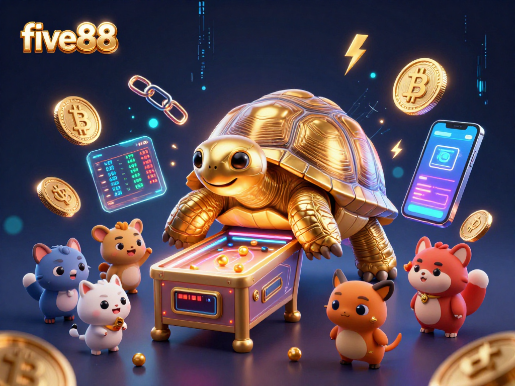 Experience the exciting world of five88 through this vibrant 3D illustration of a golden tortoise pinball machine.