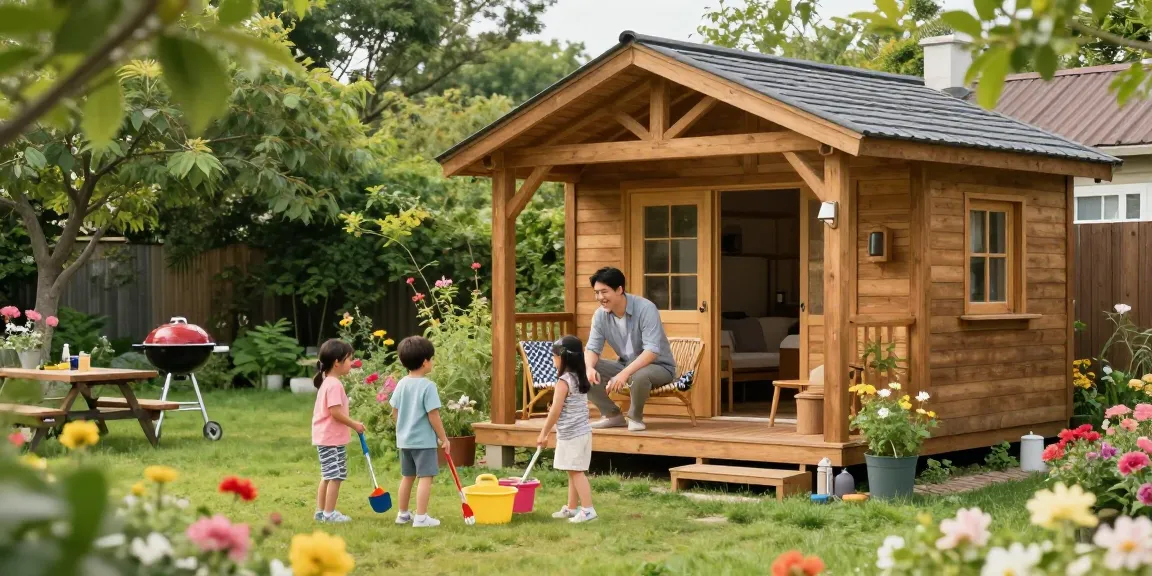 Familie beim Gartenhauskäufen und Genießen in einer blühenden Gartenlandschaft.