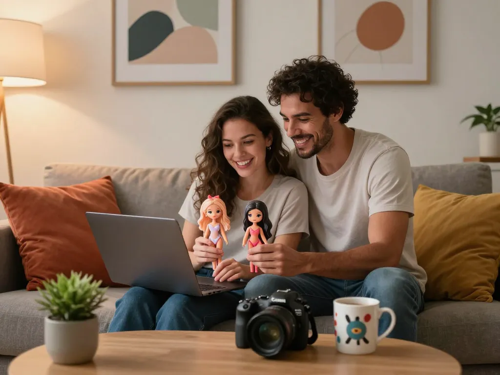 Ein Paar genießt gemütliches Online-Shopping für Sofort Lieferbar sexy Puppen auf einem Laptop.