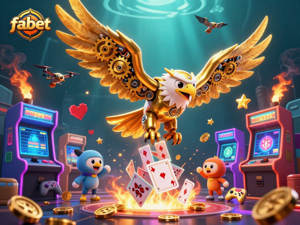 Experience fabet's exhilarating gaming world with a robotic eagle soaring through vibrant casino elements.