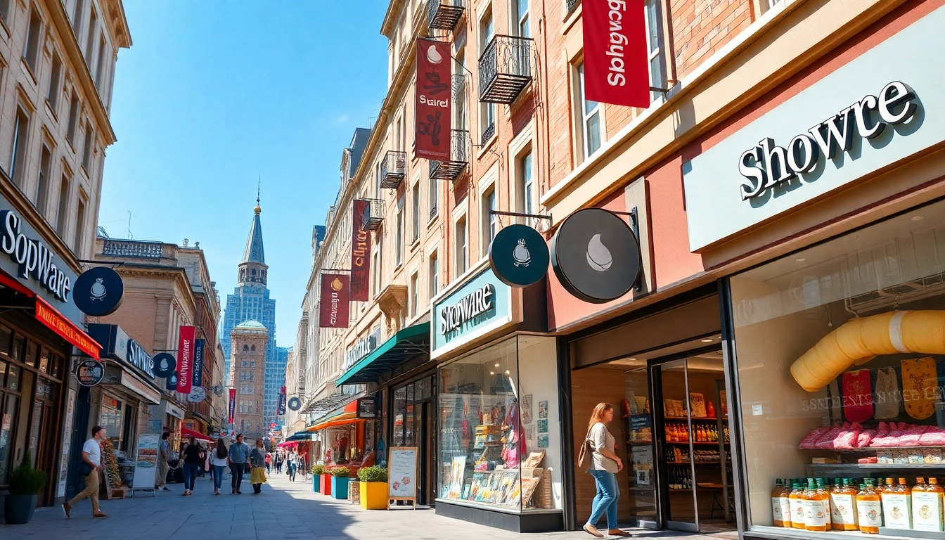 Shopware Shops entdecken in einer lebhaften Marktatmosphäre mit bunten Schaufenstern.