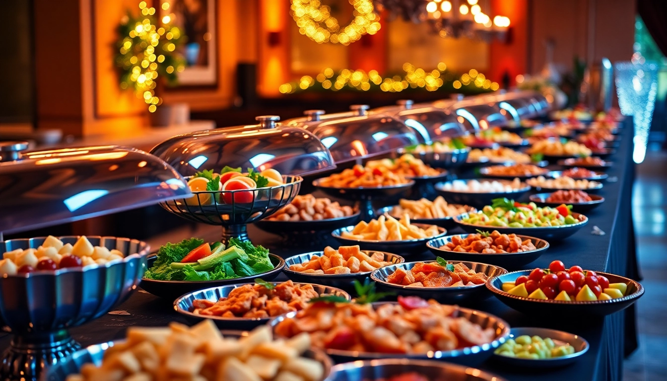 Buffet catering display featuring a variety of delicious dishes artfully arranged on a beautifully set table.