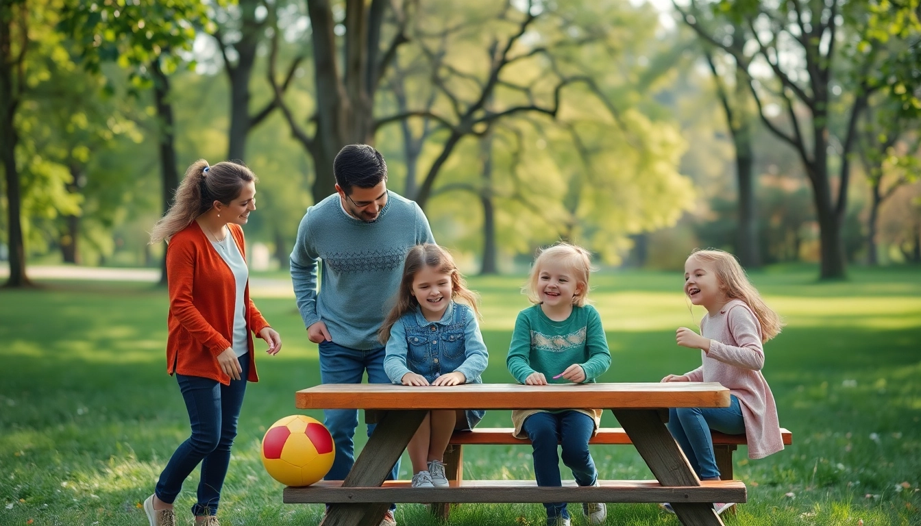 Familie genießt die Kindererziehung im Park durch spielerische Interaktion und Liebe.
