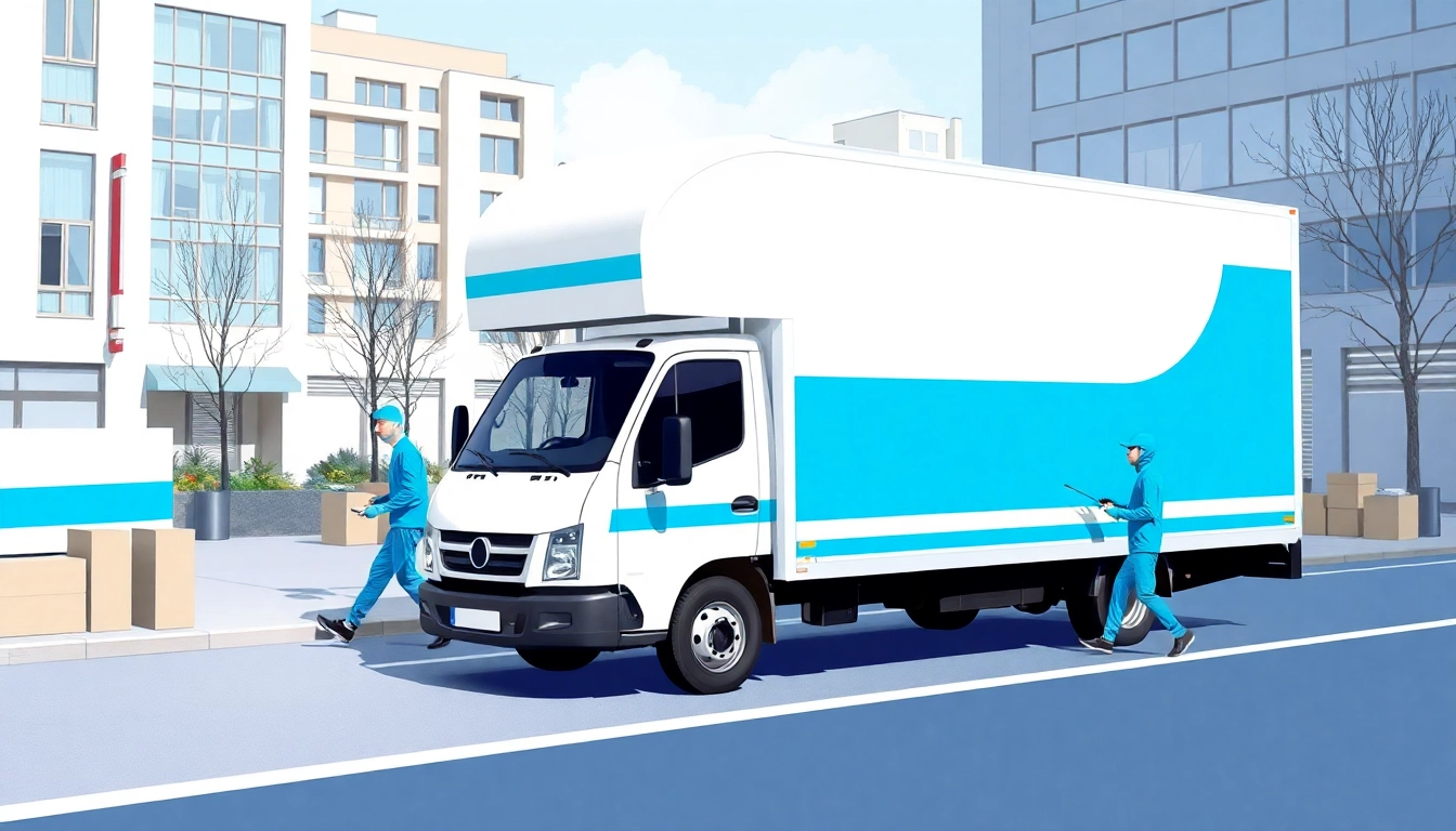Schneller Umzug Berlin: Professionelle Umzugshelfer beladen einen Transportwagen mit Möbeln in einem urbanen Umfeld für einen effizienten Umzug.