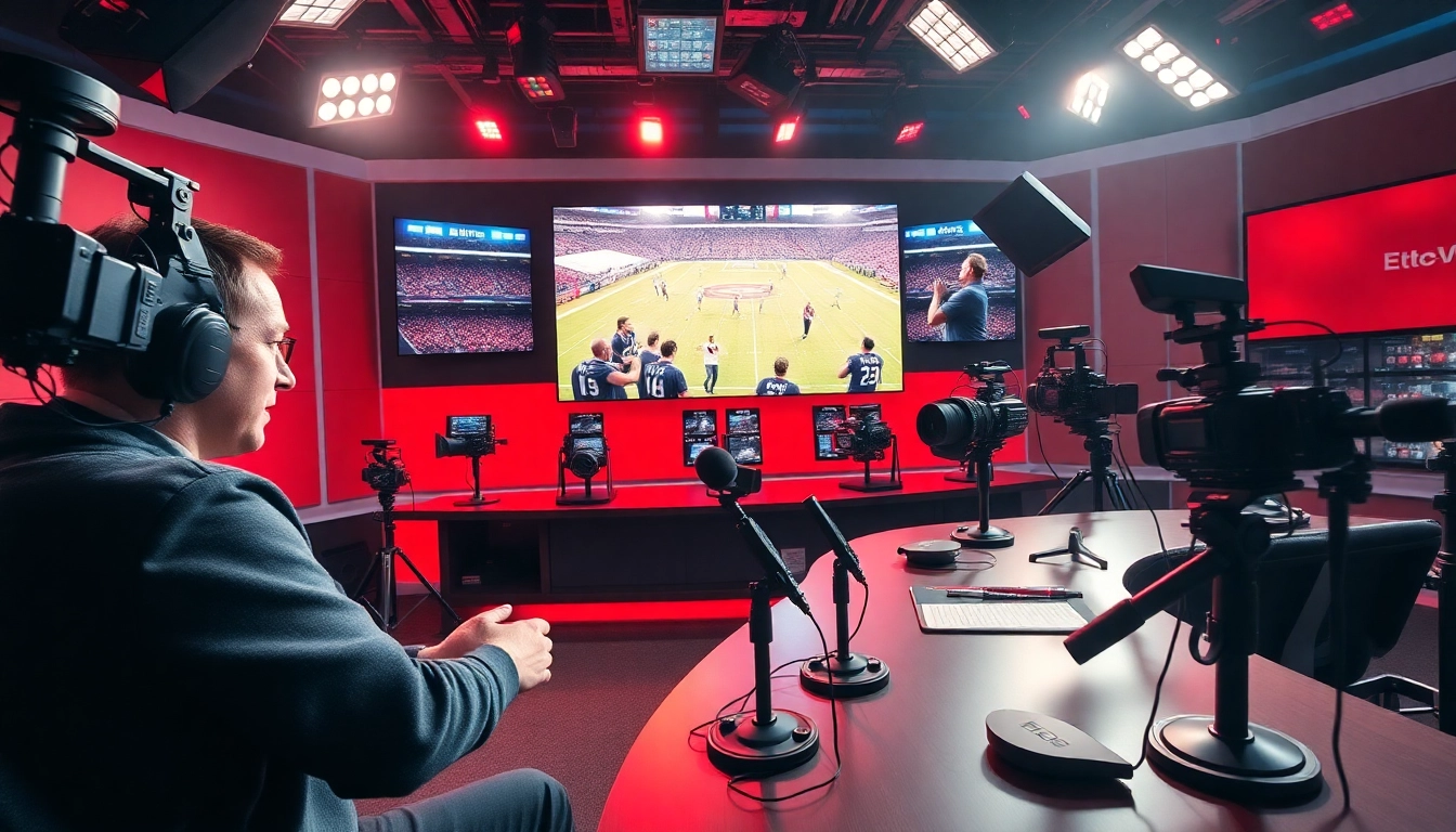 Engaging scene of sports broadcasting in a professional studio with live updates and vibrant visuals.