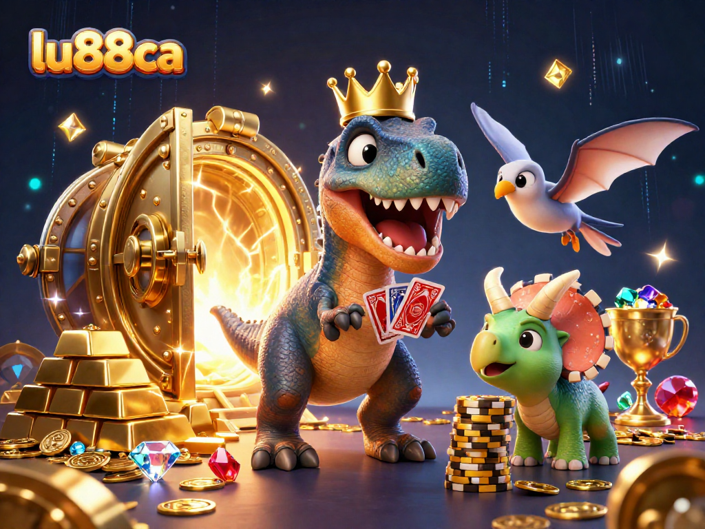 Engage with thrilling casino excitement featuring lu88ca characters amidst golden treasures and vibrant animations.