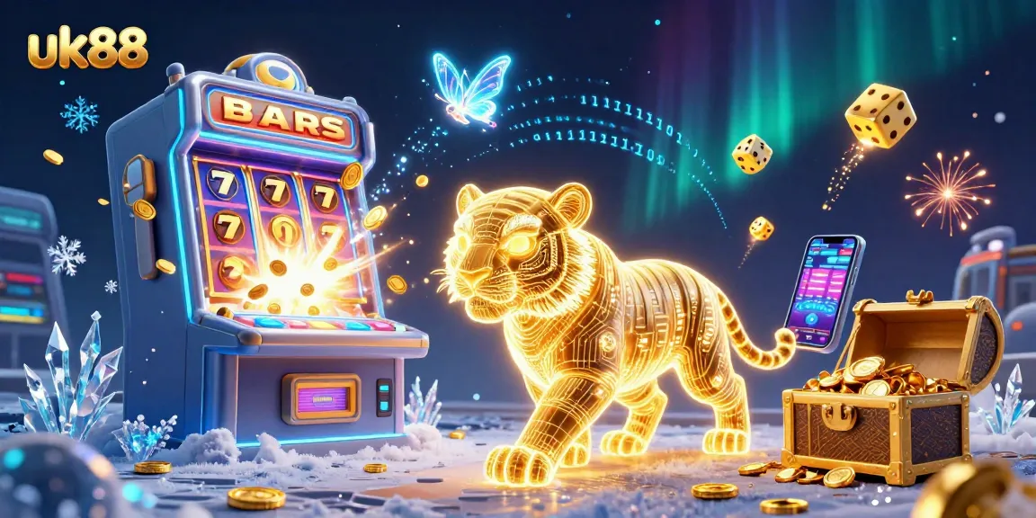 Experience thrills with uk88’s vibrant digital casino illustration featuring a golden tiger amidst jackpot excitement.