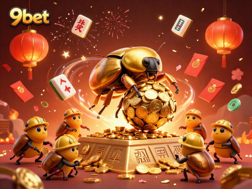 Experience excitement and winning moments at 9bet with vibrant 3D illustration of golden beetles and casino symbols.