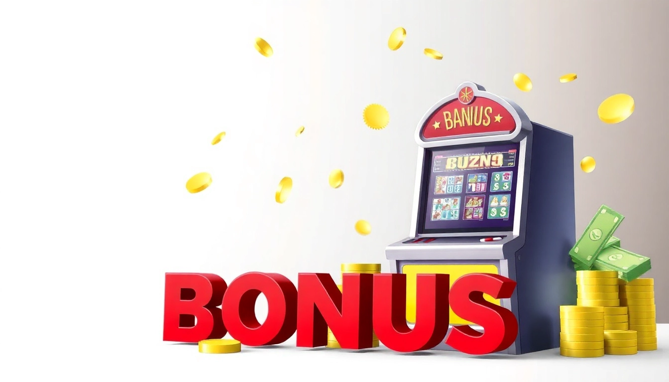 Visuelle Darstellung eines Online Casino Bonus mit Spielautomaten und Geldsymbolen, um spannende Angebote zu vermitteln.